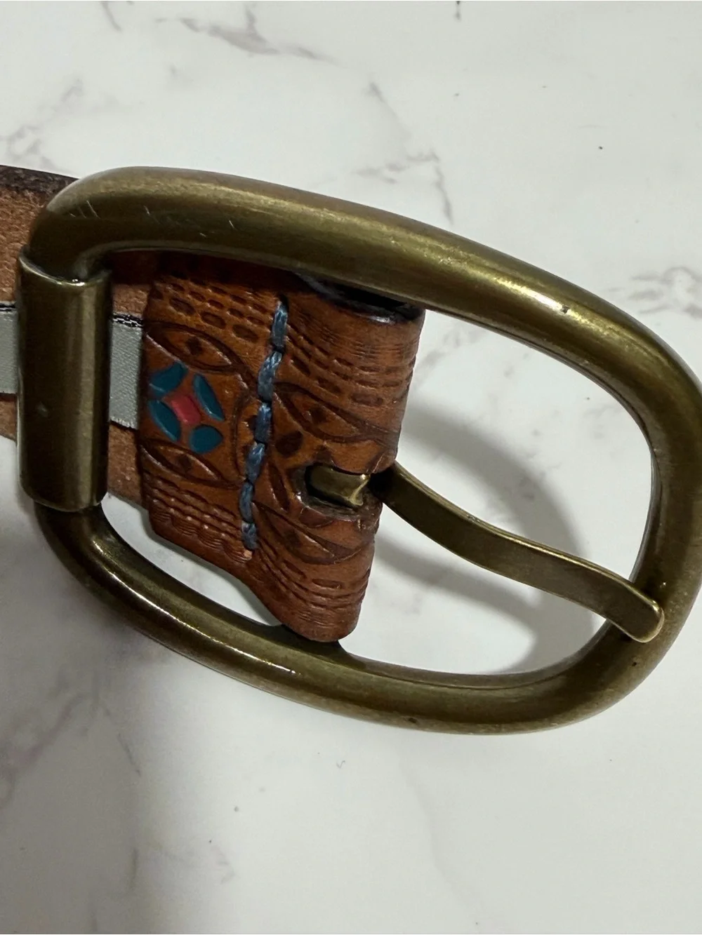 Fossil Brown Tooled Leather Women's Belt with Unique Design and Brass Buckle - S